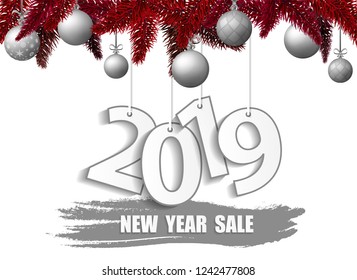 New Year Sale 2019 banner with silver balls and red Christmas tree. Vector illustration