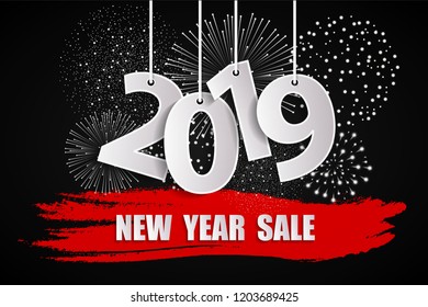 New Year sale 2019 black concept with fireworks. Vector illustration