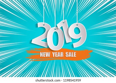New Year sale 2019 cyan and orange concept. Vector illustration