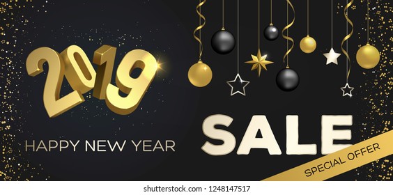 New Year Sale 2019. Poster, flyer or banner template. Gold glitter, confetti, sparkles and christmas decorations on a dark background. 3d figures 2019.