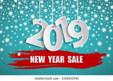 New Year sale 2019 turquoise concept with silver starfall. Vector illustration
