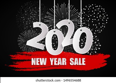 New Year sale 2020 black concept with fireworks. 2020 sign made with paper cuted white numbers on ropes. Origami style numbers. Christmas and Chinese New Year decor. Vector illustration