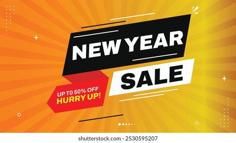 New Year Sale Up to 50% Off! Hurry Up Save with Vibrant Sale Banners - Red, Yellow, Black, White, Orange Gradient Elements - Eye-Catching Shapes Templates for Stunning Sale Backgrounds