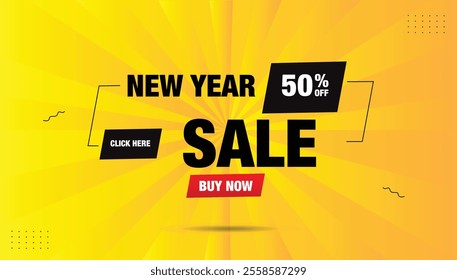 New Year Sale 50% OFF! Click here to buy now. Bold white text, red and black shapes with yellow-orange gradient, hot abstract background. Vector art EPS format template design