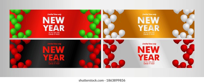 new year sale up to 70% event text label on black background vector design illustration.