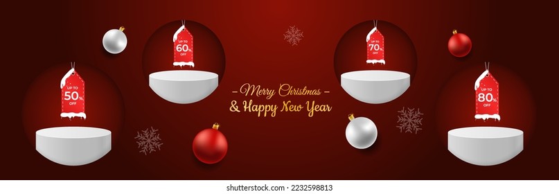 New Year sale background with discount proposition. Realistic toys on red cover with snowflakes. Vector illustration concept