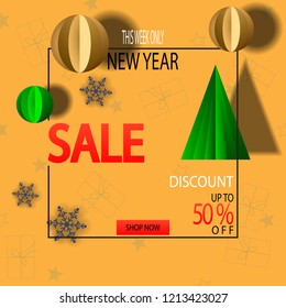 New Year Sale background with paper Christmas tree.
