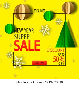 New Year Sale background with paper Christmas tree.