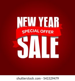 New Year sale badge, label, promo banner template. Special offer text on ribbon. Vector illustration.