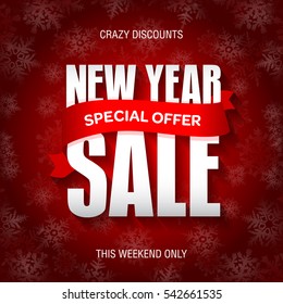 New Year sale badge, label, promo banner template. Special offer text on ribbon. Vector illustration. New Year sale discounts.