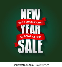 New Year sale badge, label, promo banner template. Special sale offer text on ribbon. End of winter season New Year sale vector illustration.