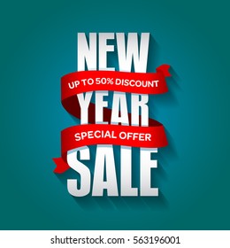 New Year sale badge, label, promo banner template. Special sale offer text on ribbon. End of winter season New Year sale vector illustration.