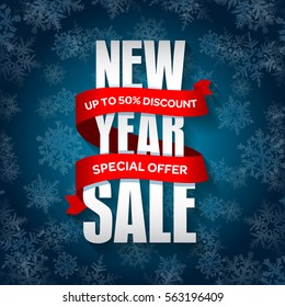 New Year sale badge, label, promo banner template. Special sale offer text on ribbon. End of winter season New Year sale vector illustration.