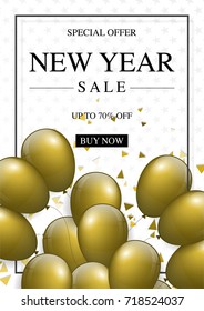 New year sale banner design with gold balloon.