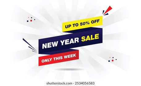 New Year sale banner editable template design with light yellow and dark blue gradient, red shapes on a white background, promoting up to 50% off only this week  perfect for holiday discounts and