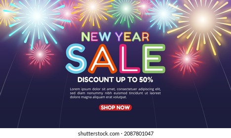 New year sale banner with fireworks in the sky