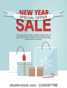 New Year sale banner with gift boxes and shopping bags isolated on blue background. Vector illustration