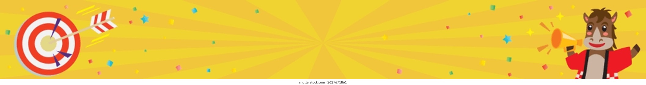 New Year sale banner of a Horse holding a loudspeaker and a mark and arrow. Vector illustration for the Year of the Horse.