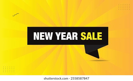 New Year Sale banner illustration, vector art design with EPS editable sticker label template. Features bold black shapes, white text, and a vibrant yellow-orange background for a festive look