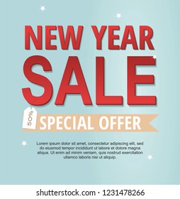 New Year sale banner isolated on blue background. Special offer. Vector illustration