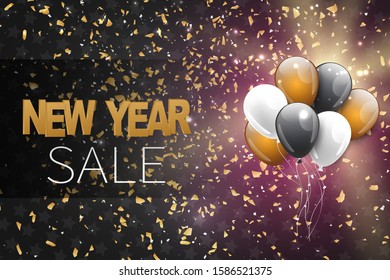 New Year sale banner or poster. A bunch of balloons on black luxury background. Vector illustration.