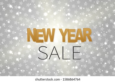 New Year sale banner or poster. Simple silver background with stars and sparkles. Vector illustration.