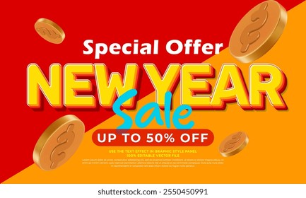 New year sale banner promotion with special offer on red yellow background. vector sale illustration