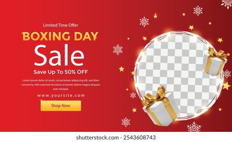  New Year sale banner. Realistic gift box Golden metal number. Christmas Poster, banner, cover