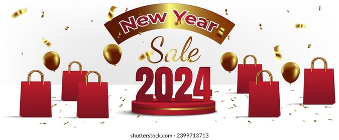 new year sale banner in red and gold with 3d podium, shopping bag, confetti and balloons