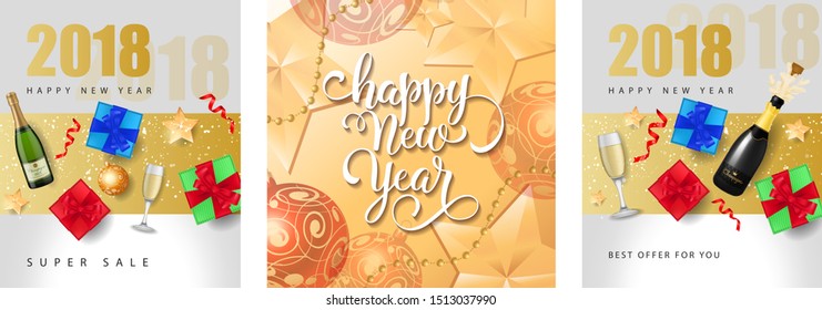 New Year sale banner set with champagne and gifts. Decorative design can be used for invitations, post cards, announcements