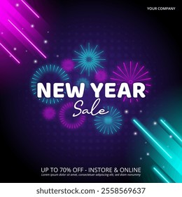 New Year Sale banner with shining fireworks