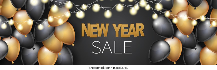 New Year sale banner, website header or newsletter ad decoration. Winter holiday celebration designs concept with balloons, garland lights, and golden lettering. Vector illustration.