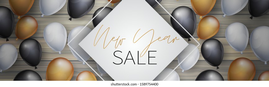 New Year sale banner, website header or newsletter ad decoration. Winter holiday celebration designs concept with balloons and golden lettering on wooden background. Vector illustration.