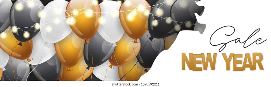 New Year sale banner, website header or newsletter ad decoration. Winter holiday celebration designs concept with balloons, garland lights, and golden lettering. Vector illustration.
