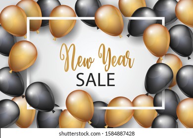 New Year sale banner. Winter holiday design concept with golden and black balloons. Vector illustration.