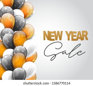 New Year sale banner. Winter holiday celebration design concept with golden, black, and white balloons. Vector illustration.