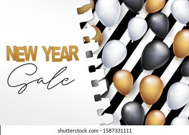 New Year sale banner. Winter holiday celebration design concept with golden, black, and white balloons under torn out sheet of paper. Vector illustration.