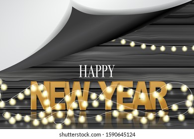 New Year sale banner. Winter holiday celebration design concept with wooden background, 3d lettering under peeling off wrapping paper. Vector illustration.