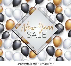 New Year sale banner. Winter holiday celebration design concept with golden, black, and white balloons under square frame. Vector illustration.