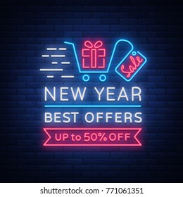 New Year Sale Card in Neon Style. Neon sign on New Year discounts. Happy New Year. Flyer, discount advertising, bright banner, flashing night sign, neon text. Vector illustration