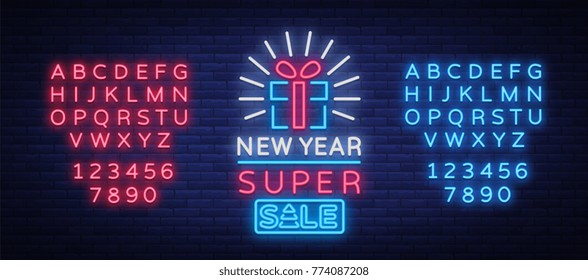 New Year Sale Card in Neon Style. Neon sign poster on New Year's sales and discounts. Flyer, Postcard, banner, night shining sign of holiday discounts. Vector illustration. Editing text neon sign New Year Sale Card in Neon Style. Neon sign poster on New Year's sales and discounts. Flyer, Postcard, banner, night shining sign of holiday discounts. Vector illustration. Editing text neon sign