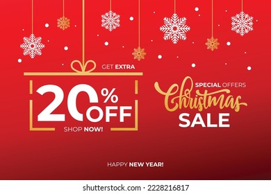 New year sale. Christmas sale label with sale precentage 20 percent. Horizontal posters, greeting cards, header, website. Red Card with Christmas snowflakes. Card or Christmas themed invitations. 