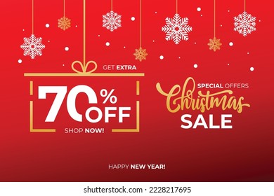 New year sale. Christmas sale label with sale precentage 70 percent. Horizontal posters, greeting cards, header, website. Red Card with Christmas snowflakes. Card or Christmas themed invitations. 