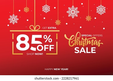 New year sale. Christmas sale label with sale precentage 85 percent. Horizontal posters, greeting cards, header, website. Red Card with Christmas snowflakes. Card or Christmas themed invitations. 