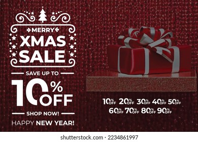 New year sale. Christmas sale label with sale precentage set. Horizontal posters, greeting cards, header, website. Red Gift. Card or Christmas themed invitations. 