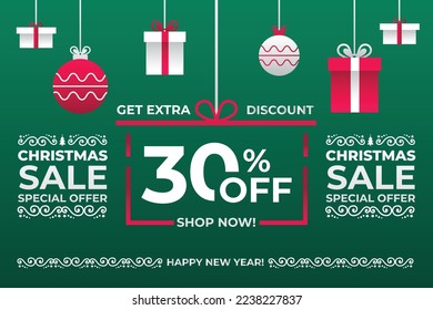 New year sale. Christmas sale label with sale precentage 30 percent. Horizontal posters, greeting cards, header, website. Green Card with Christmas decoration. Card or Christmas themed invitations.