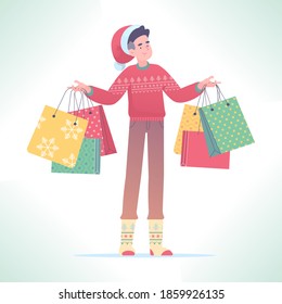 New Year sale or Christmas shopping concept. Man dressed in santa hat and ugly sweater holding shopping bags in both hands, vector illustration