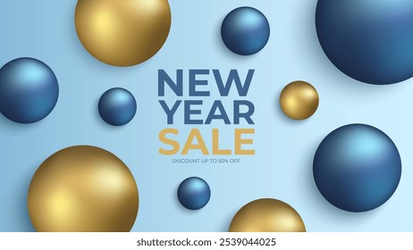 New Year Sale commercial banner for shopping activities and holiday sales promotion. Gold and blue colored Christmas balls. Vector illustration.