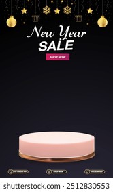 new year sale discount portait template banner with blank space 3d podium for social media post product sale with abstract gradient black background design68