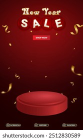 new year sale discount portait template banner with blank space 3d podium for social media post product sale with abstract gradient red background design 10